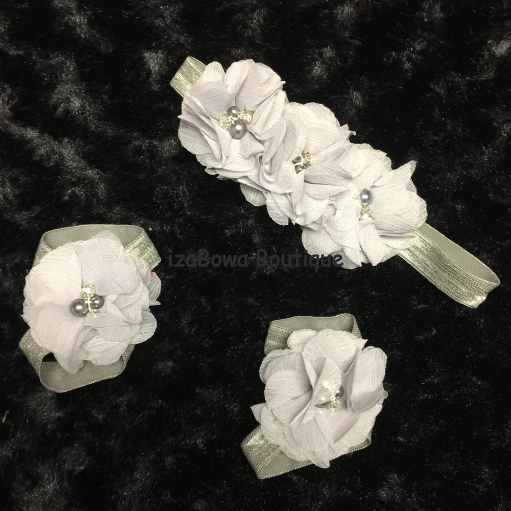 Grey Chiffon Barefoot Sandals & Headband Set  BSS1013  Handmade NWT Boutique